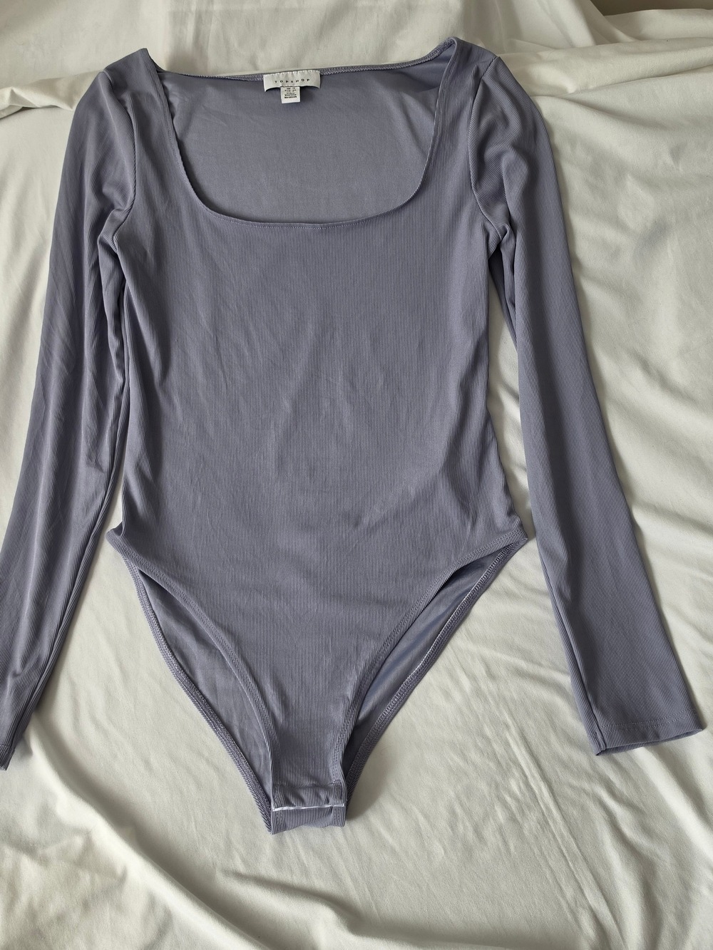 TOPSHOP Slate Grey Ribbed Square Neck Long Sleeve Bodysuit Size 8